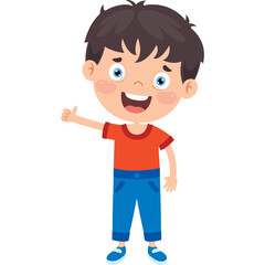 Smiling Young Boy With Brown Hair Wearing Orange T Shirt Blue Jeans and Blue Shoes Giving Thumbs Up Gesture Against Transparent Background Cartoon Style