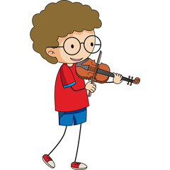 Smiling young boy with curly brown hair wearing glasses and a red t-shirt playing the violin with a bow in a joyful pose on a transparent background