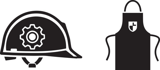 Monochrome vector icons: safety helmet with gear and protective apron symbol