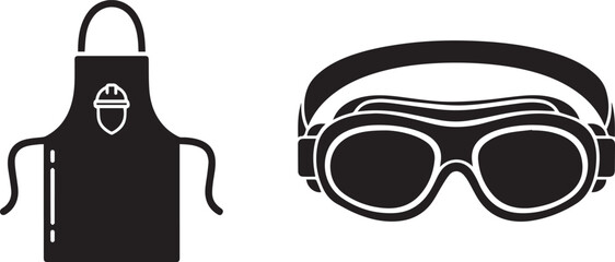 Monochromatic icons of safety apron with hard hat and protective goggles