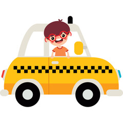 Smiling Young Boy With Glasses Driving a Yellow Taxi Car On A Transparent Background Cartoon Style
