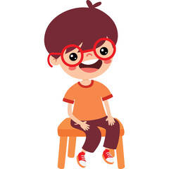 Smiling Young Boy with Red Glasses and Orange Shirt Sitting on a Stool with Dark Red Hair and White Shoes