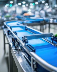 Modern food facility with automated stainless steel conveyor belt demonstrating industrial processing production line system for commercial manufacturing hygiene quality and safety standard compliance