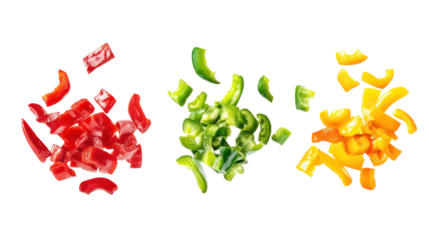 Chopped red yellow and green bell peppers isolated on transparent background