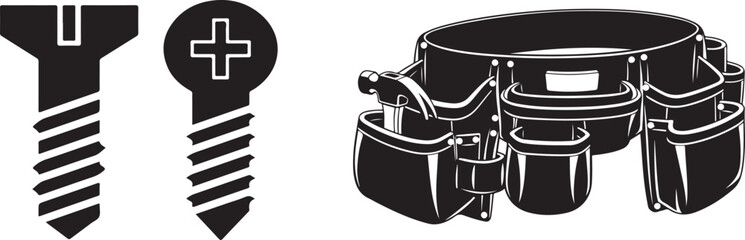 Black and White Vector Icons of Construction Screws and Worker Tool Belt