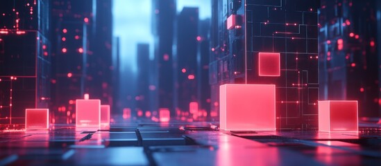 Fototapeta premium Futuristic city with glowing red cubes and neon lights.