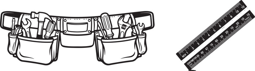 Monochrome Line Art Vector Illustration of Construction Tool Belt and Rulers