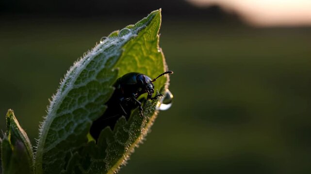 Close-up of a dark beetle on a green leaf with a water droplet.