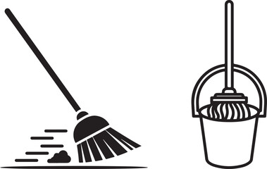 Black Vector Icons of Broom Sweeping and Mop Bucket