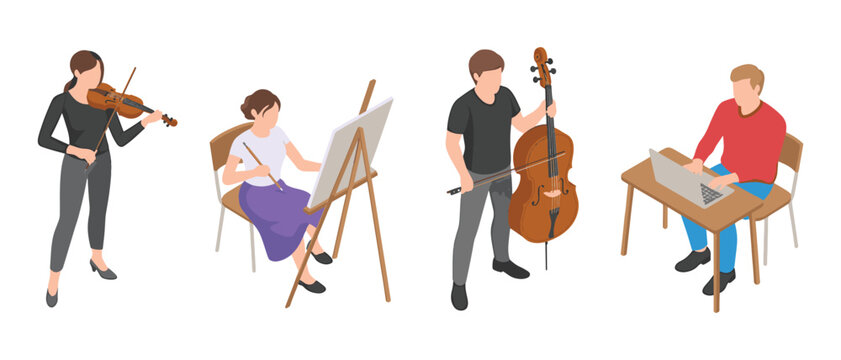 Diverse creative professions isometric illustration of people engaged in artistic pursuits