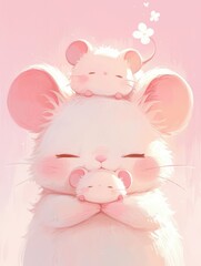 Charming hand-drawn illustration of cute little mouses in soft pink tones creating a romantic vibe