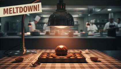 A spherical chocolate truffle melts dramatically under a heat lamp in a professional kitchen, with chefs blurred in the background and the word “MELTDOWN!” displayed above - Generative AI