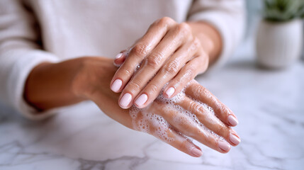 clean hands skincare, gentle soap lather on fingers, wellness hygiene close-up, self-care clean beauty routine