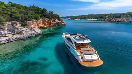 Luxury yacht anchored in clear waters mediterranean coast travel photography serene environment aerial view nautical adventure