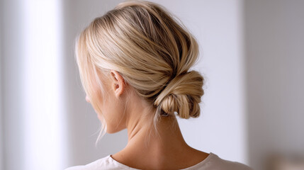elegant blonde hair low bun, soft natural updo, clean beauty styling, minimal luxe bridal hair look