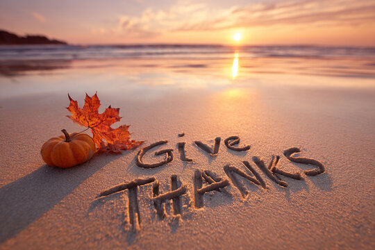 Give Thanks Elegantly Written in Wet Sand with Thin Stick-Drawn Lines and Calm Shore – ideal for seasonal promotions