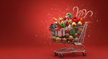A shopping cart overflowing with Christmas gifts and decorations against a red background.