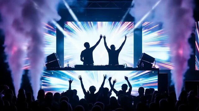 Silhouetted DJs and crowd enjoy a concert with bright stage lighting and smoke effects.