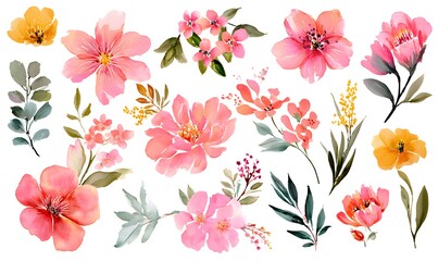 Obraz premium using a color palette of bright pink, light pink, peach, sage, and yellow, create an assortment of watercolor florals that are whimsical and vibrant. the florals should be scattered amongst a plain wh