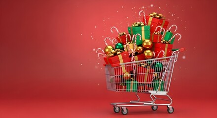 Shopping cart overflowing with wrapped Christmas gifts, ornaments, and candy canes against a red background.