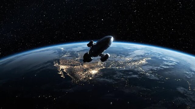 A sleek, futuristic airship glides in space above Earth, night lights visible below