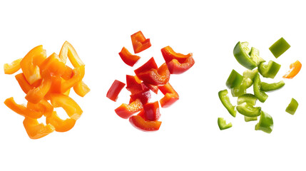 Three piles of chopped bell peppers isolated on transparent background