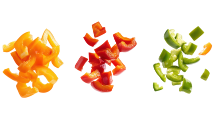 Three piles of chopped bell peppers isolated on transparent background