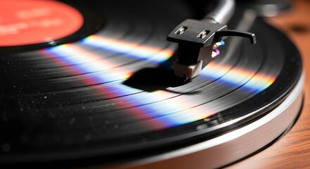 Close-up of a record player with the needle on a vinyl record, reflecting colorful light.