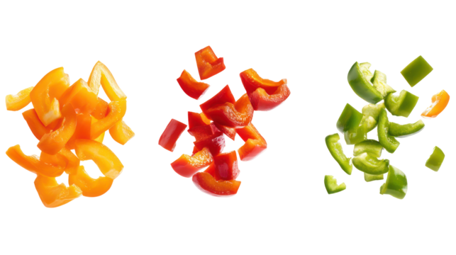 Three piles of chopped bell peppers isolated on transparent background