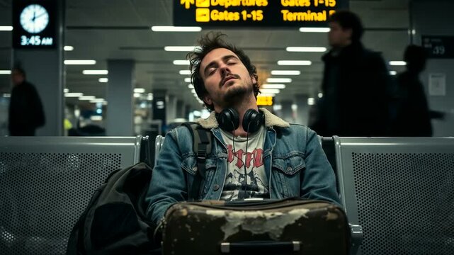 Tired traveler asleep in an airport terminal, headphones around his neck, luggage in front of him. Busy background