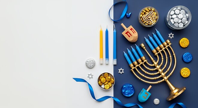 Hanukkah flat lay with menorah and dreidels