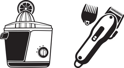 Black White Flat Design Icons of Juicer and Hair Trimmer