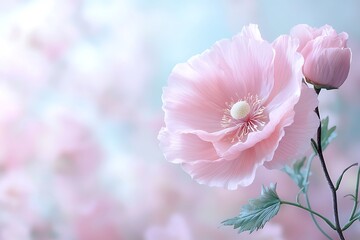 Delicate Pink Flower with Soft Petals Against a Blurred Pastel Background