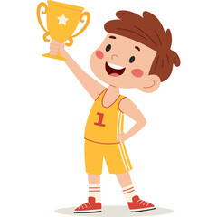 Happy cartoon boy wearing yellow sports uniform with number one holding a gold trophy celebrating victory in a studio with white background