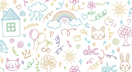 Fototapeta premium Doodle style drawings of house cloud rainbow sun flowers heart shapes on white