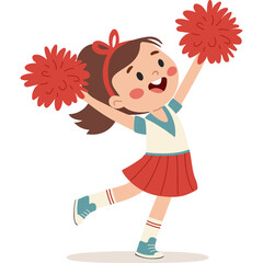 Happy Young Cheerleader Girl In Red Skirt And White Top With Red Pom Poms Dancing Energetically On A White Background With A Transparent Background