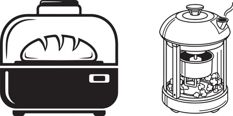 Black and White Vector Illustrations of Kitchen Baking and Popcorn Machines