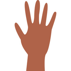 Illustration of a brown hand raised with fingers spread against a clean white background depicting a symbol of communication or a gesture of counting