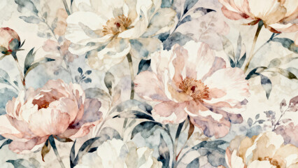 Watercolor floral pattern featuring soft pink and white peonies with green foliage on a light background