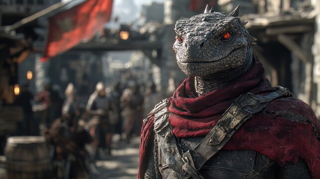 Lizard-human in medieval fantasy marketplace