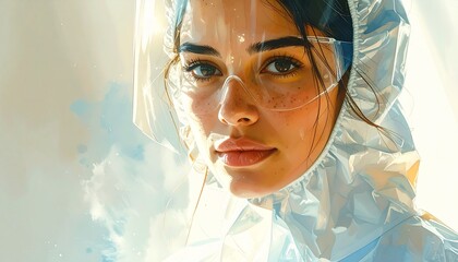 A Side View of a Focused Specialist Wearing a Protective Dust Suit and Respirator Mask, Representing Science, Safety, and Virus Protection