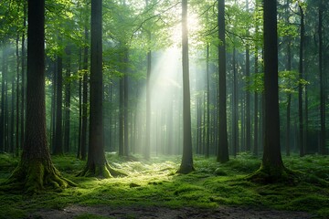 Obraz premium Sunlight Filtering Through Lush Green Forest Trees in Early Morning Mist and Fog