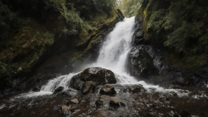 Obraz premium A majestic waterfall cascades down mossy rocks, surrounded by lush greenery