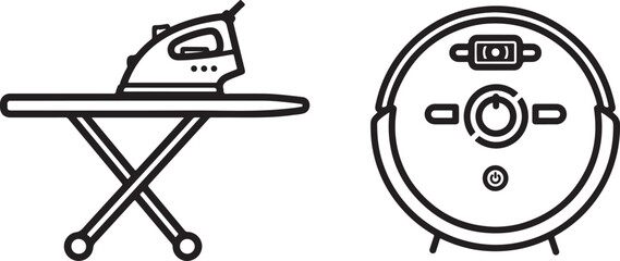 Black and White Line Art Icons of Ironing Board and Robotic Vacuum