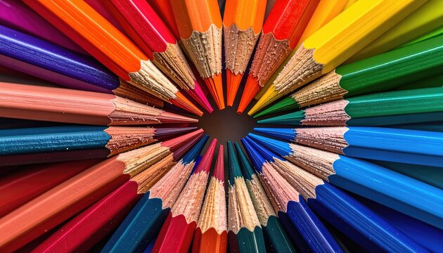 Vibrant Rainbow Spectrum of Sharpened Colored Pencils Arranged in a Circular Pattern on a White Background Creating a Radial Design