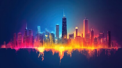 Fototapeta premium Vibrant City Skyline at Night, Abstract, Colorful, Artistic, for Background, Website, Brochure, or Poster Use