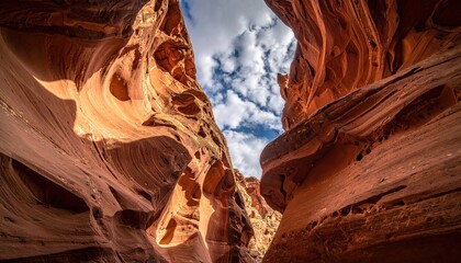 Vibrant Red Rock Canyon Walls Illuminated By Golden Sunlight With Dramatic Clouds In Blue Sky Above A Slot Canyon Landscape