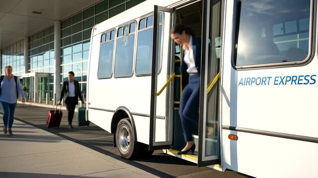 People with luggage walking to the airport, bus doors open with a person boarding, airport building visible