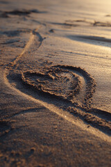 Minimal Heart Marked by Hand at the Dry‑Wet Boundary, Realistic Sand Texture and Gentle Light &ndash; great for romantic gifts