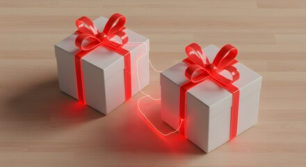 Obraz premium Two white gift boxes tied with red ribbon against wood surface